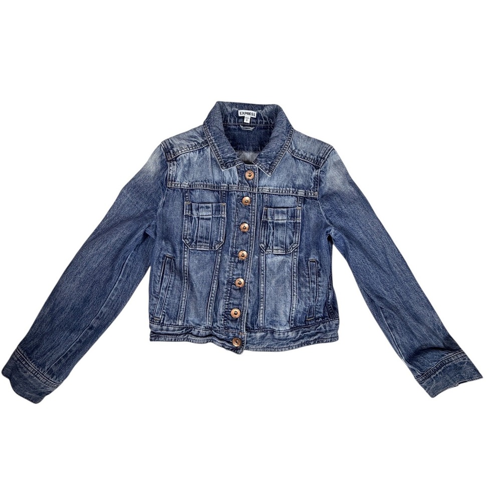 Express Womens Medium Wash Denim Jacket Blue Cropped Button Up Y2K Size XS - Picture 5 of 9